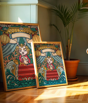 Illustration of a whimsical animal playing a stringed instrument in a fantastical setting