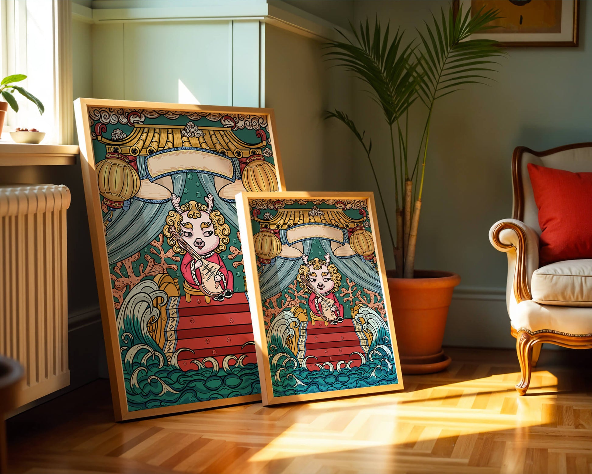 Illustration of a whimsical animal playing a stringed instrument in a fantastical setting