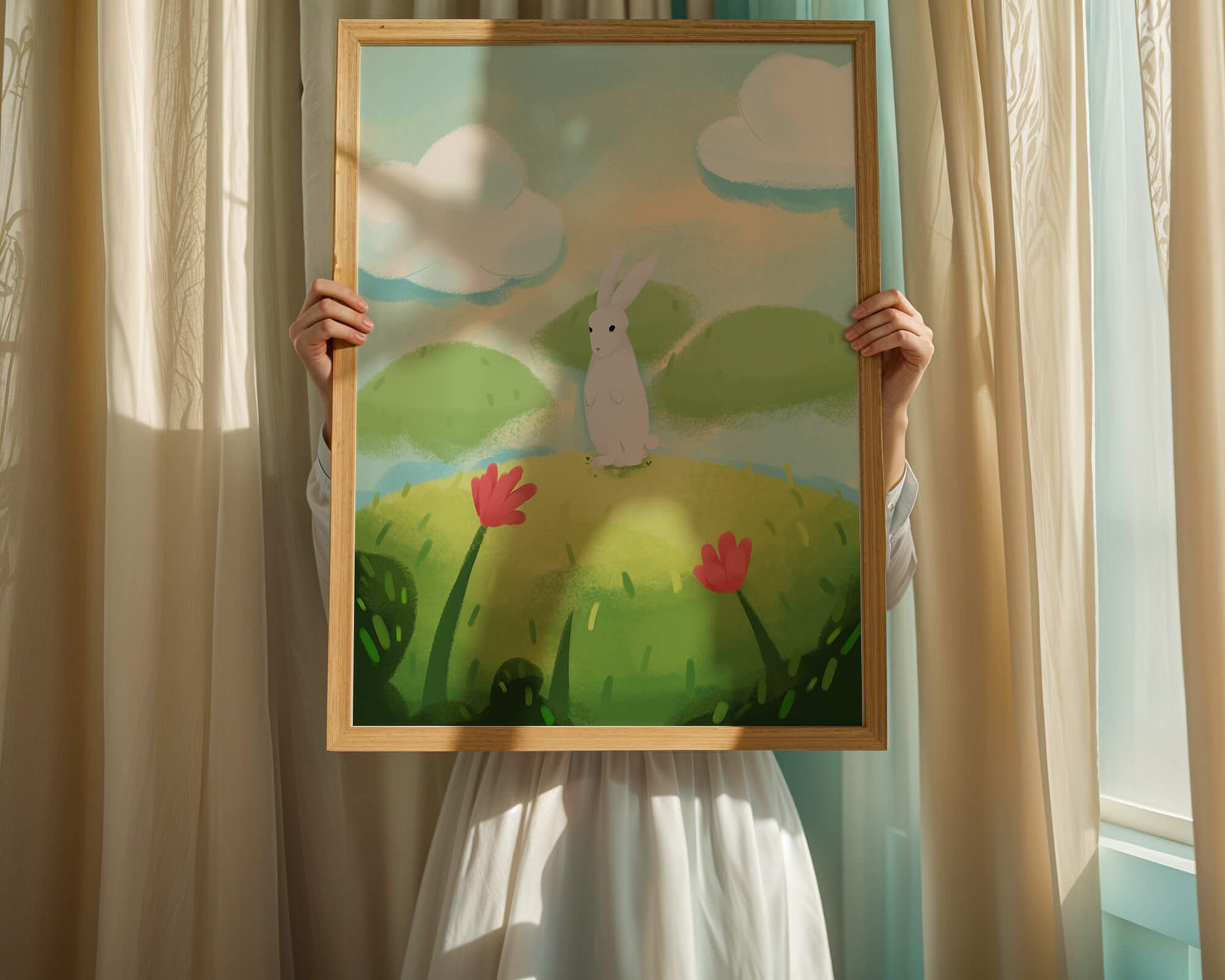 Whimsical landscape with rabbit and colorful flowers