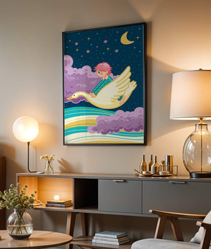 Child flying on a goose through a magical night sky illustration