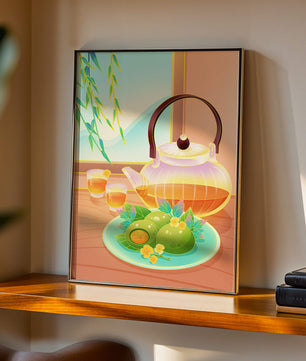 Tea set with green treats and bamboo leaves in serene setting