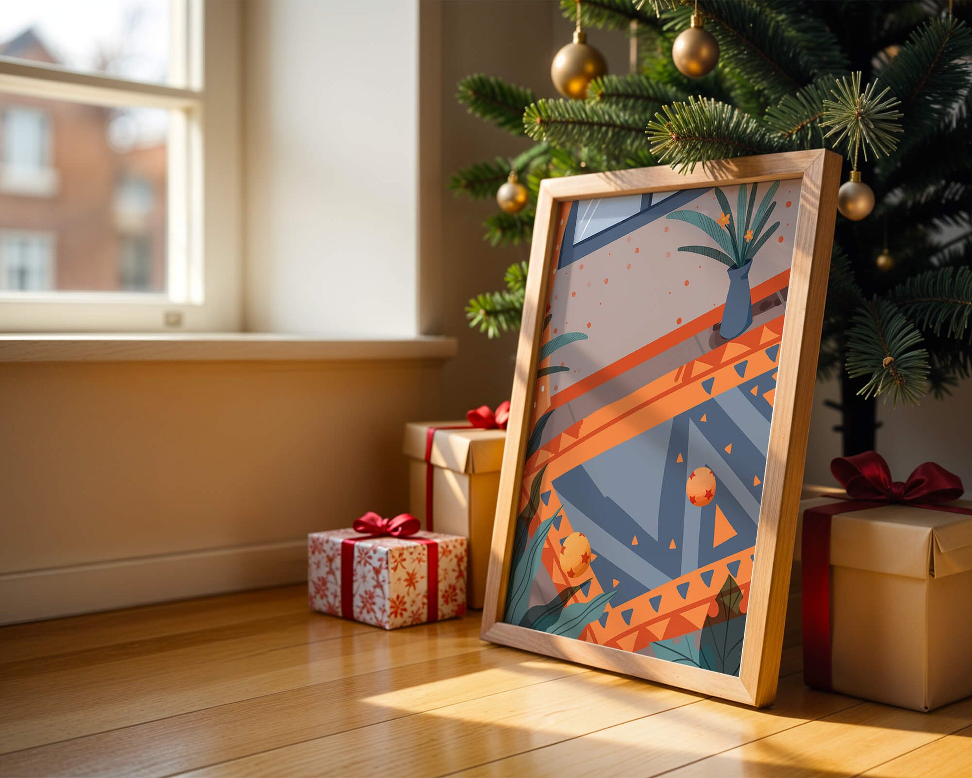 Interior abstracto moderno con patrones geométricos y planta