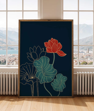 Elegant Floral Illustration with Vibrant Lotus and Gold Outlines on Dark Background