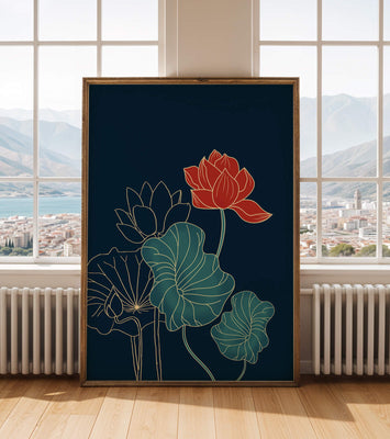 Elegant Floral Illustration with Vibrant Lotus and Gold Outlines on Dark Background