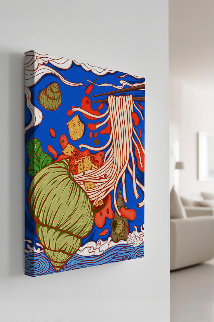 Ilustración intrincada de fideos con colores vibrantes y elementos detallados