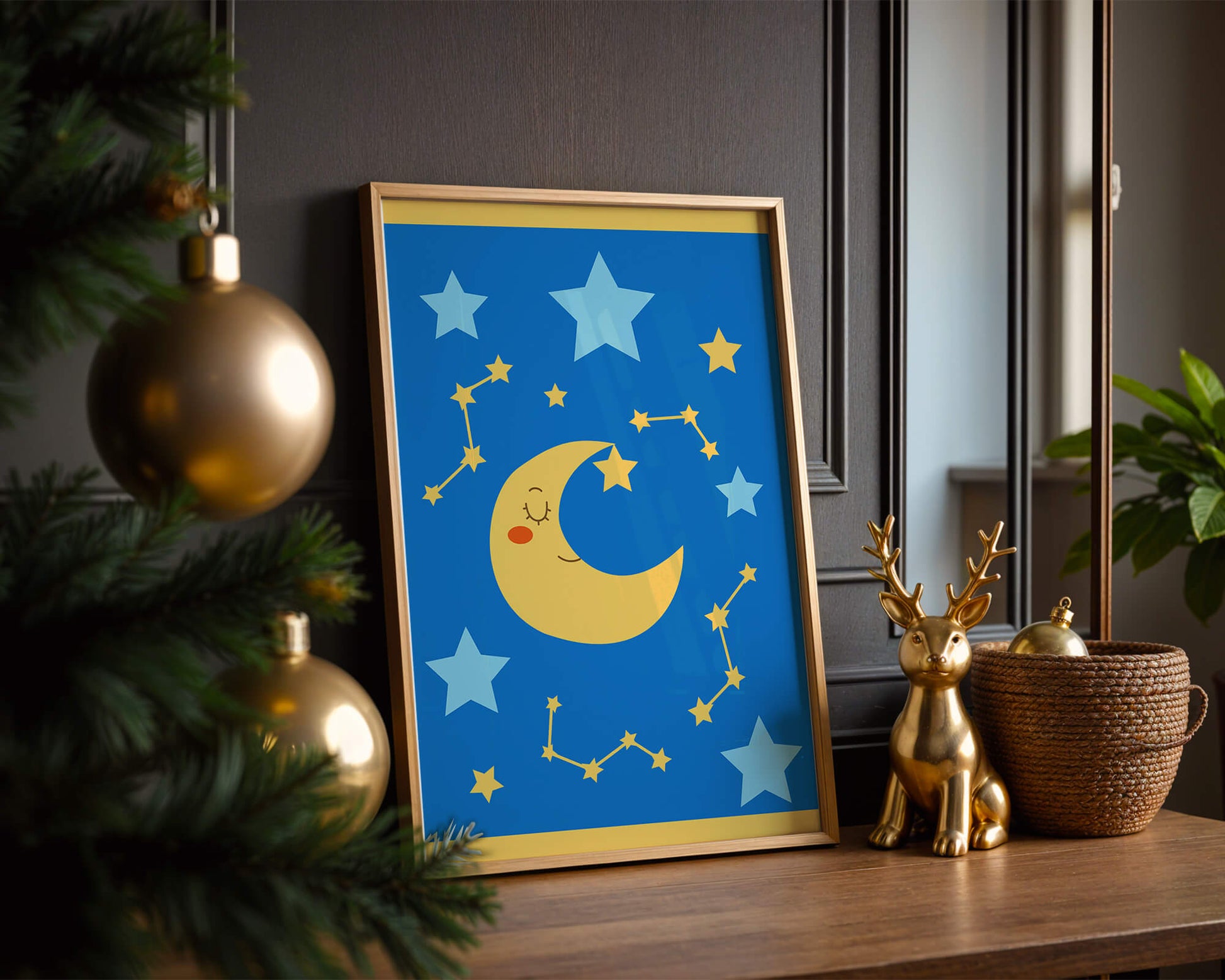 Whimsical children's room decor with smiling moon and stars