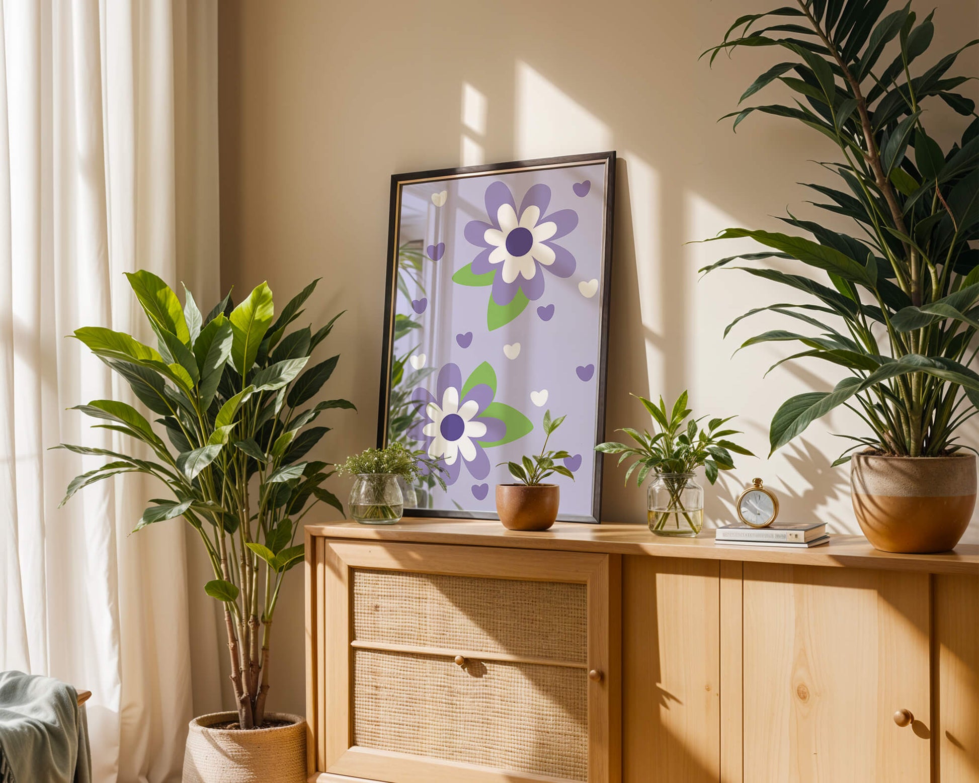 Elegant purple floral pattern with green leaves and heart accents