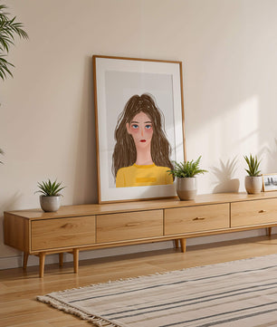 Illustrated portrait of a woman with long brown hair and expressive eyes