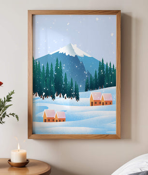 Winter Mountain Landscape with Snowy Cabins and Forest - Mi tienda