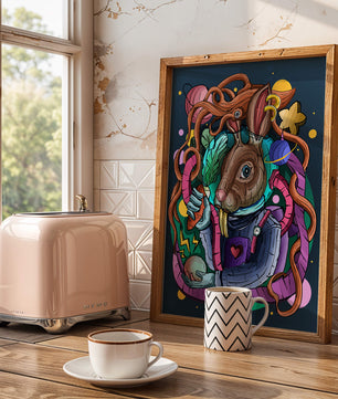 Ilustración abstracta colorida de un conejo en el espacio con pulpo, planetas y zanahoria