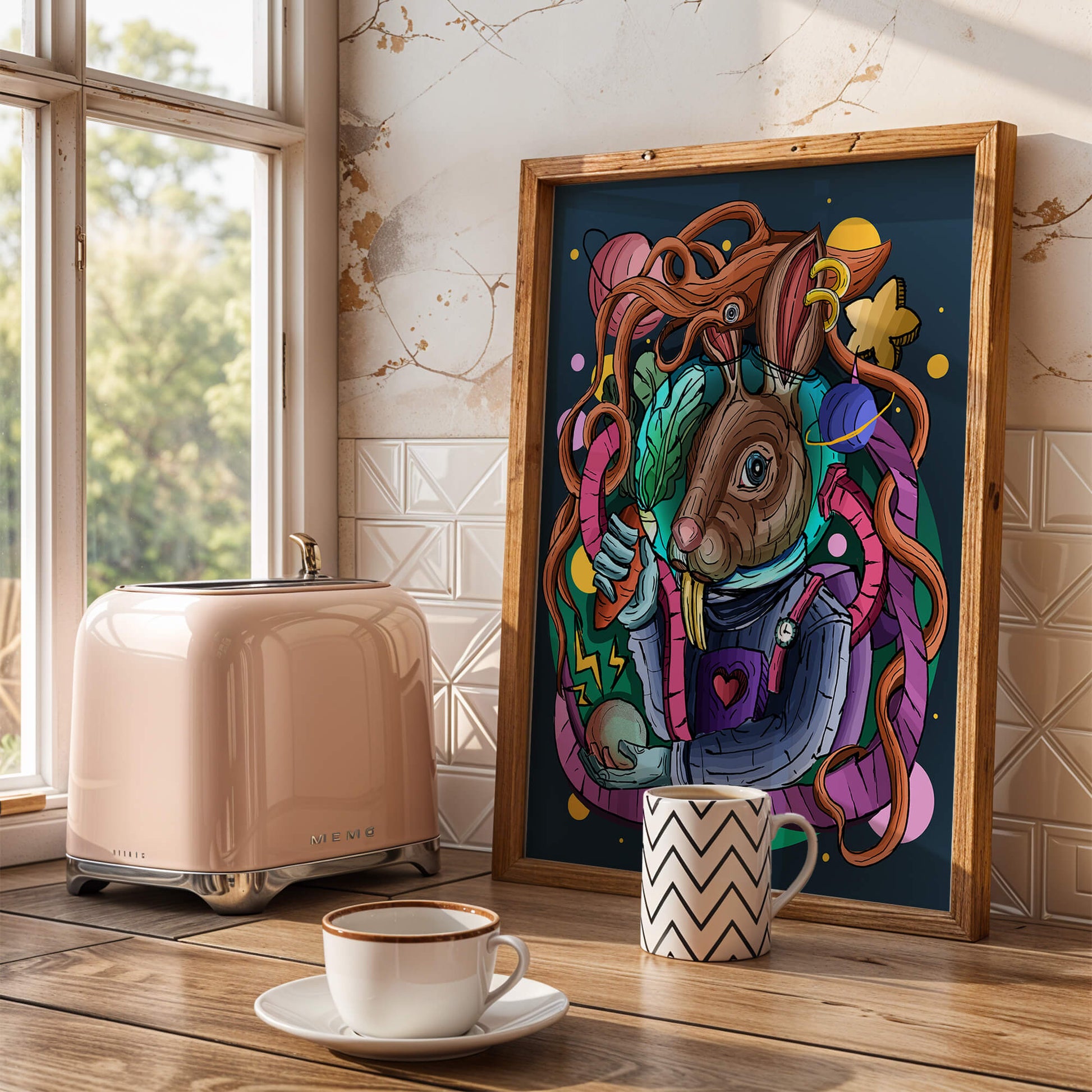 Ilustración abstracta colorida de un conejo en el espacio con pulpo, planetas y zanahoria.