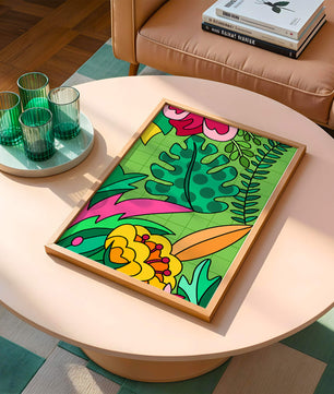Colorful botanical illustration with vibrant tropical elements