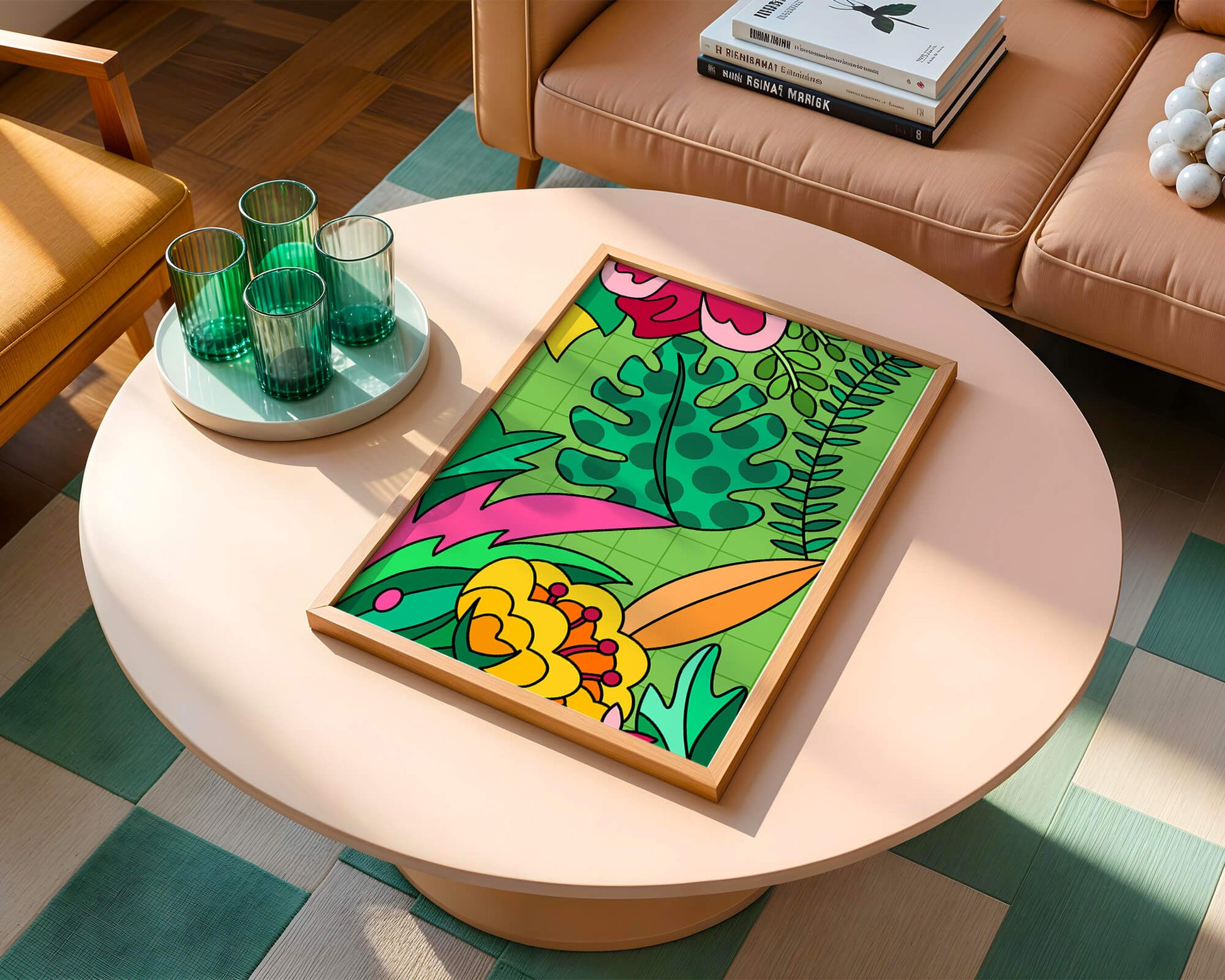 Colorful botanical illustration with vibrant tropical elements