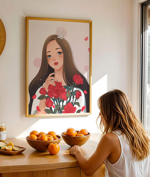 Illustration d'une fille animée avec une couronne et des roses