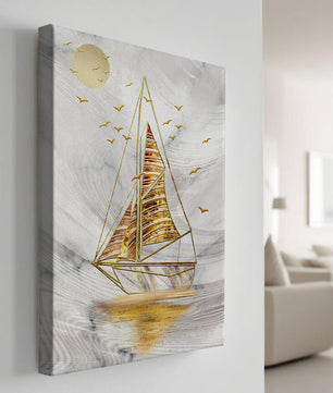 Elegant sailboat with gold elements against a textured sky