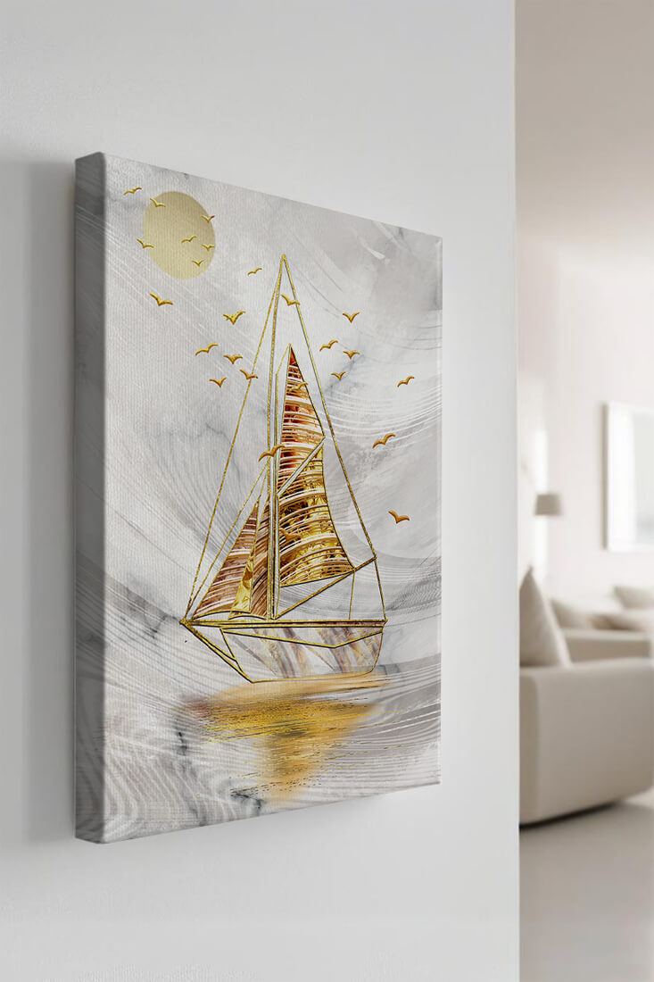 Elegant sailboat with gold elements against a textured sky