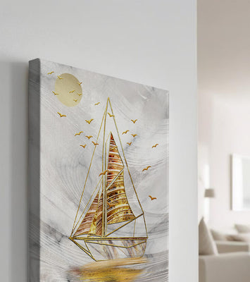Elegant sailboat with gold elements against a textured sky