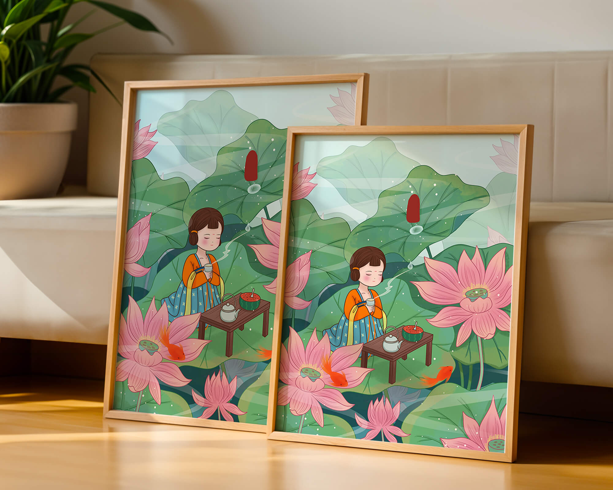 Serene illustration of a girl enjoying tea among lotus flowers