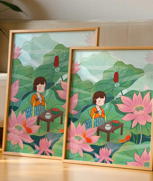 Serene illustration of a girl enjoying tea among lotus flowers