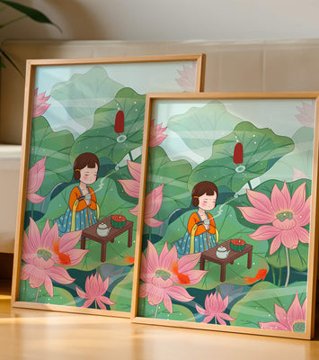 Serene illustration of a girl enjoying tea among lotus flowers