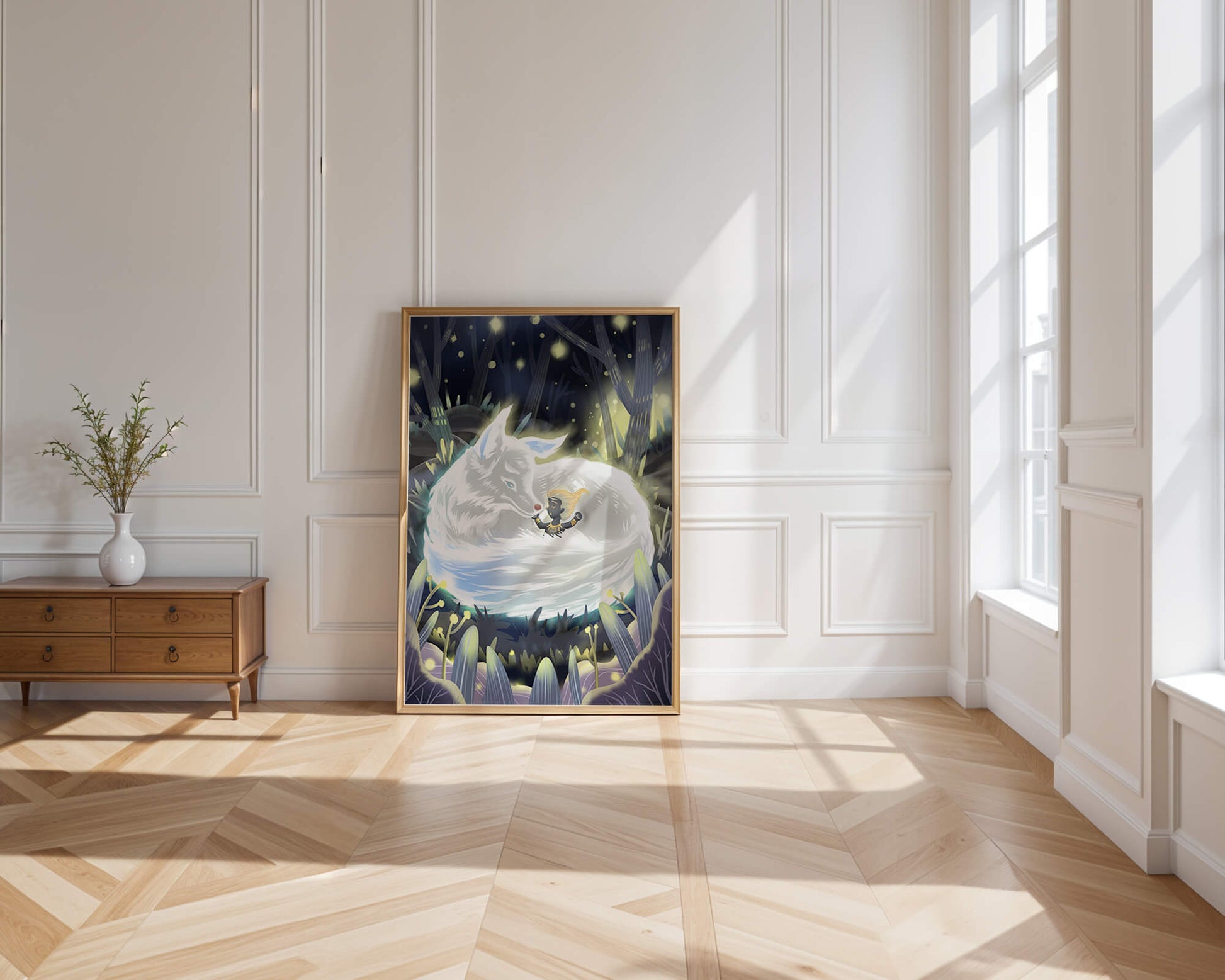 Whimsical forest scene with a sleeping wolf and a mysterious figure at night