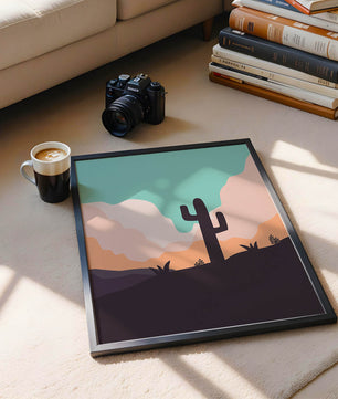 Abstract desert landscape with cactus silhouette at sunset
