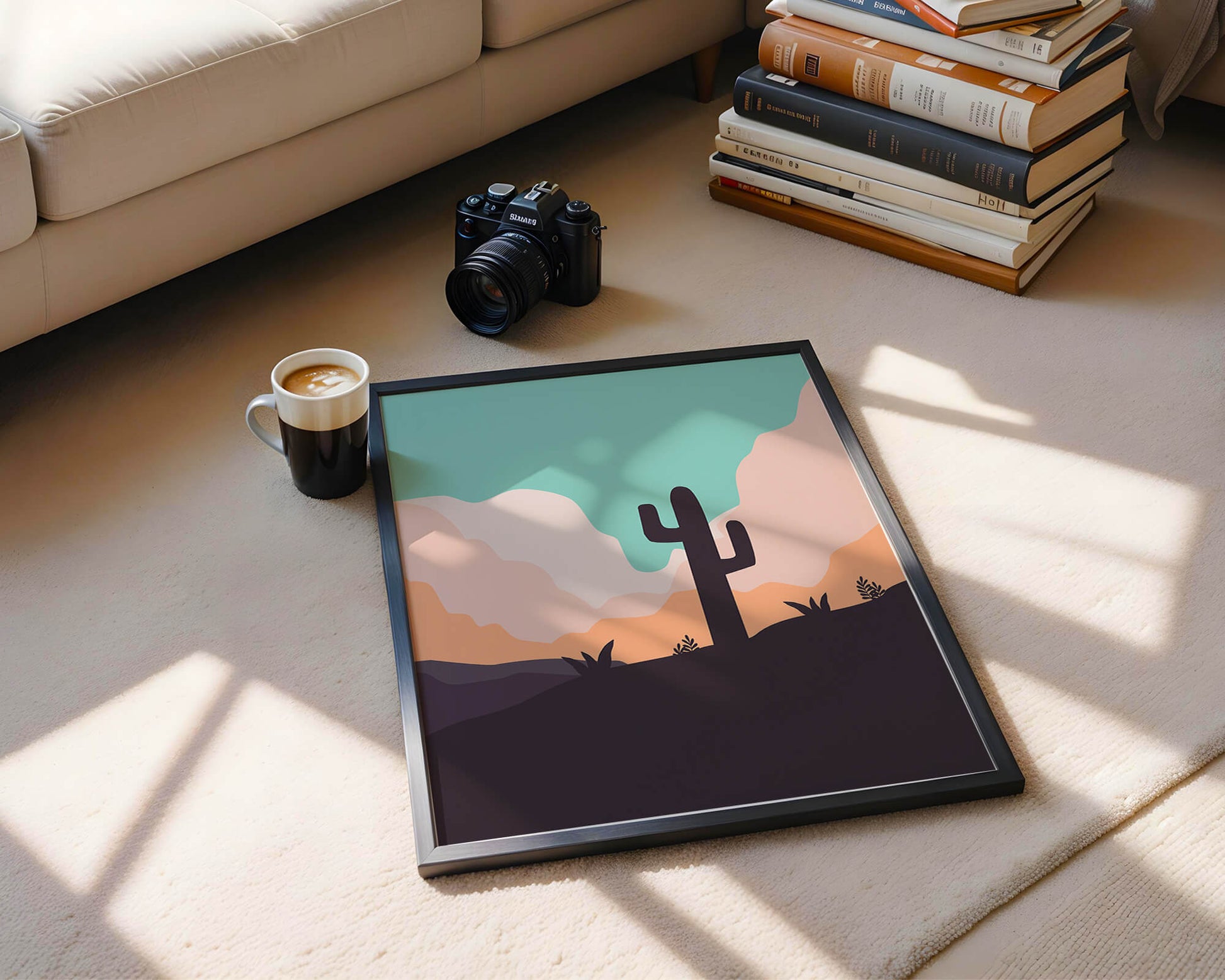 Abstract desert landscape with cactus silhouette at sunset