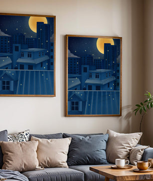 Night Urban Skyline Under a Starry Sky with Bright Full Moon