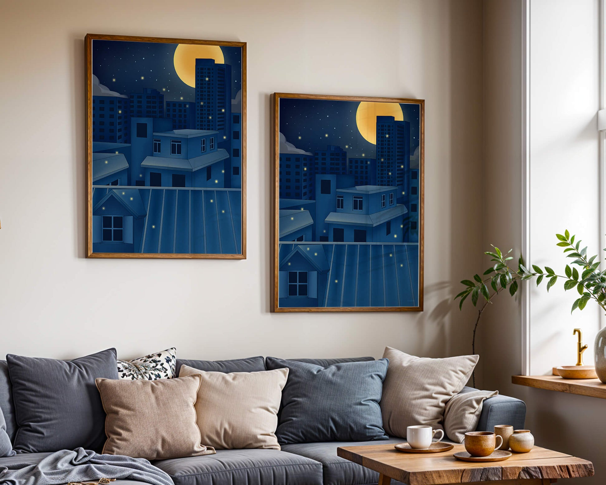 Skyline urbano nocturno bajo un cielo estrellado con una brillante luna llena