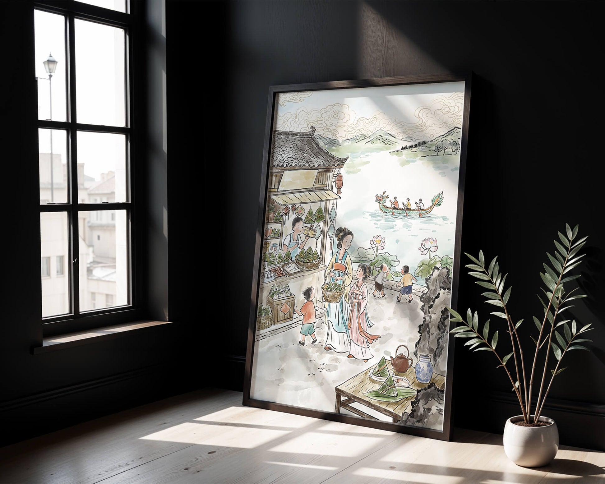 Escena tradicional del mercado chino con carreras de botes dragón