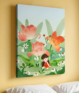 Encantador jardín floral con ilustración de niño caprichoso