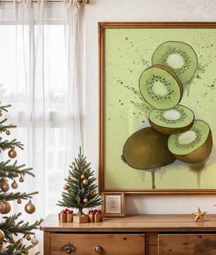 Watercolor illustration of sliced kiwi fruit with splashes