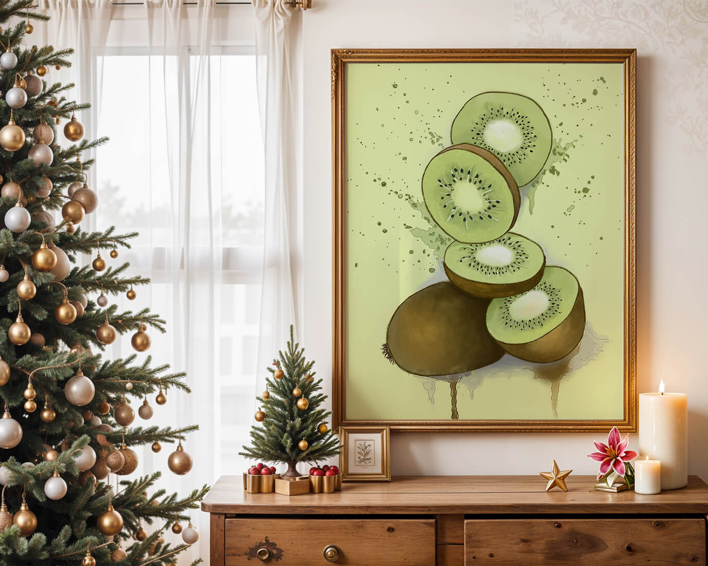 Watercolor illustration of sliced kiwi fruit with splashes