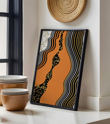 Artistic abstract design with wavy black lines and golden accents