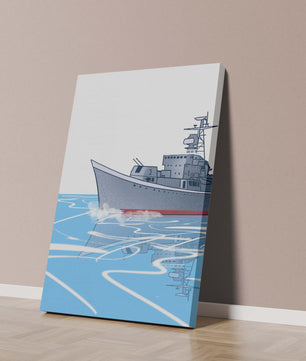 Illustrative depiction of a warship sailing on calm waters