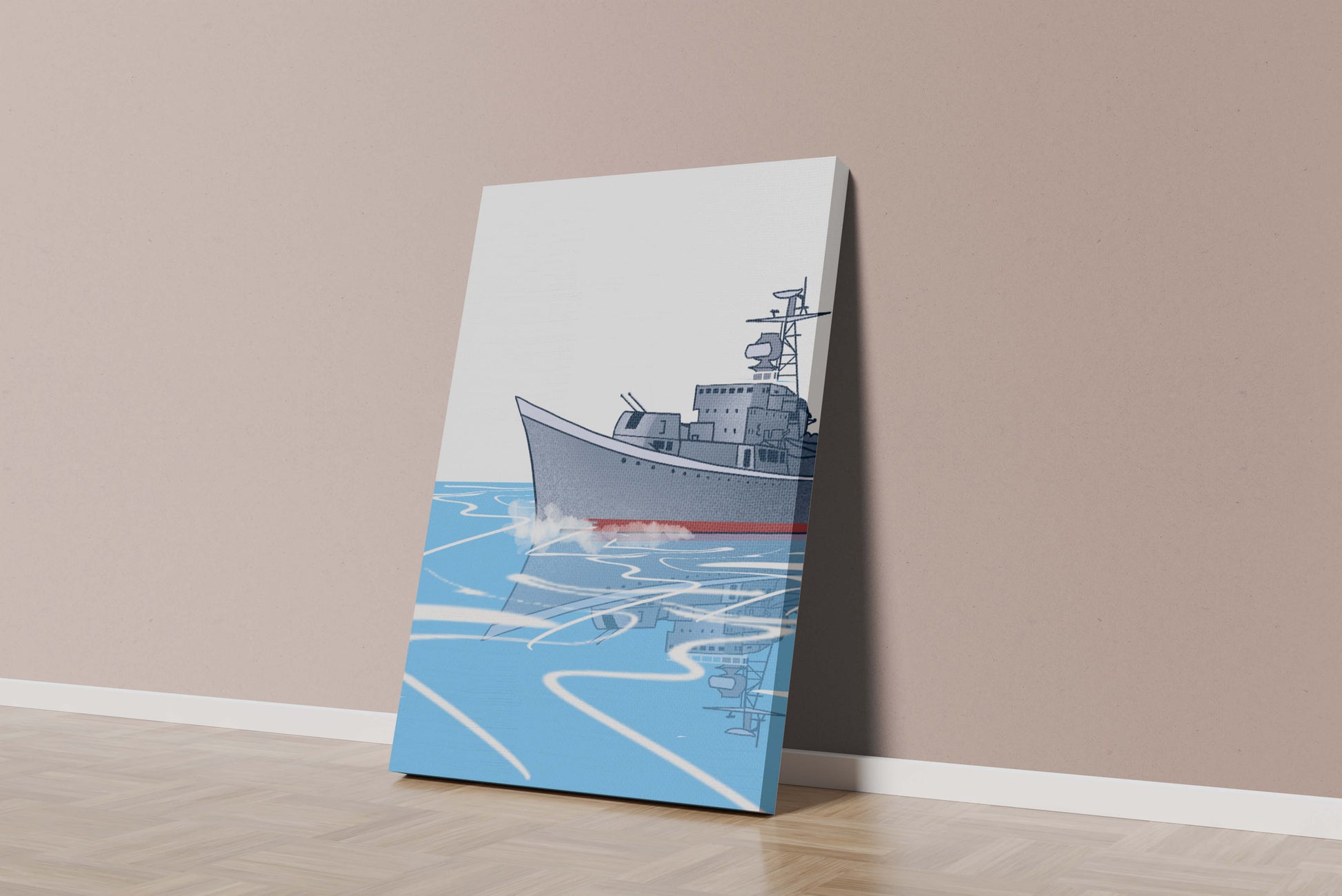 Illustrative depiction of a warship sailing on calm waters