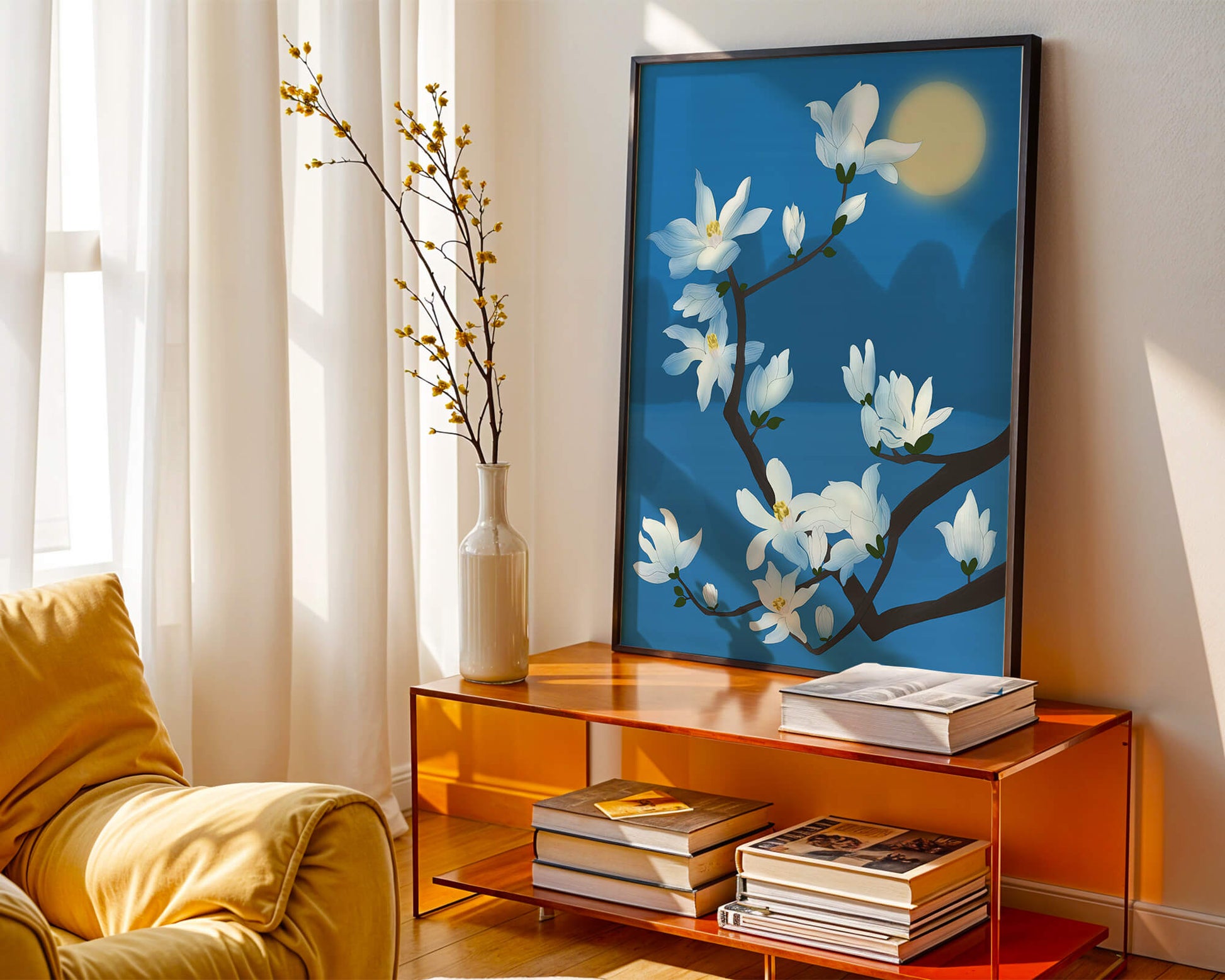 White magnolia branch under moonlight with blue background