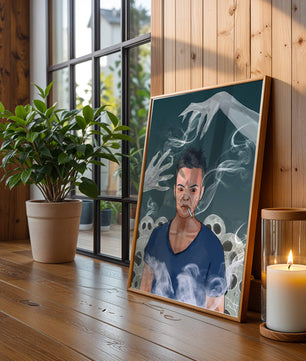 A Person Surrounded by Smoke and Ghostly Hands with Skulls in the Background