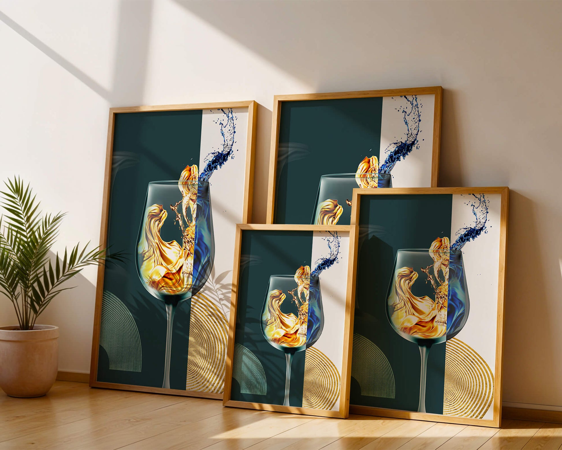 Fusión elegante de líquidos en una copa de vino con elementos dorados y azules