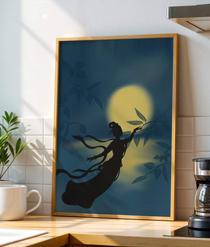 Silhouette of a Woman Reaching for Leaves in Front of a Full Moon