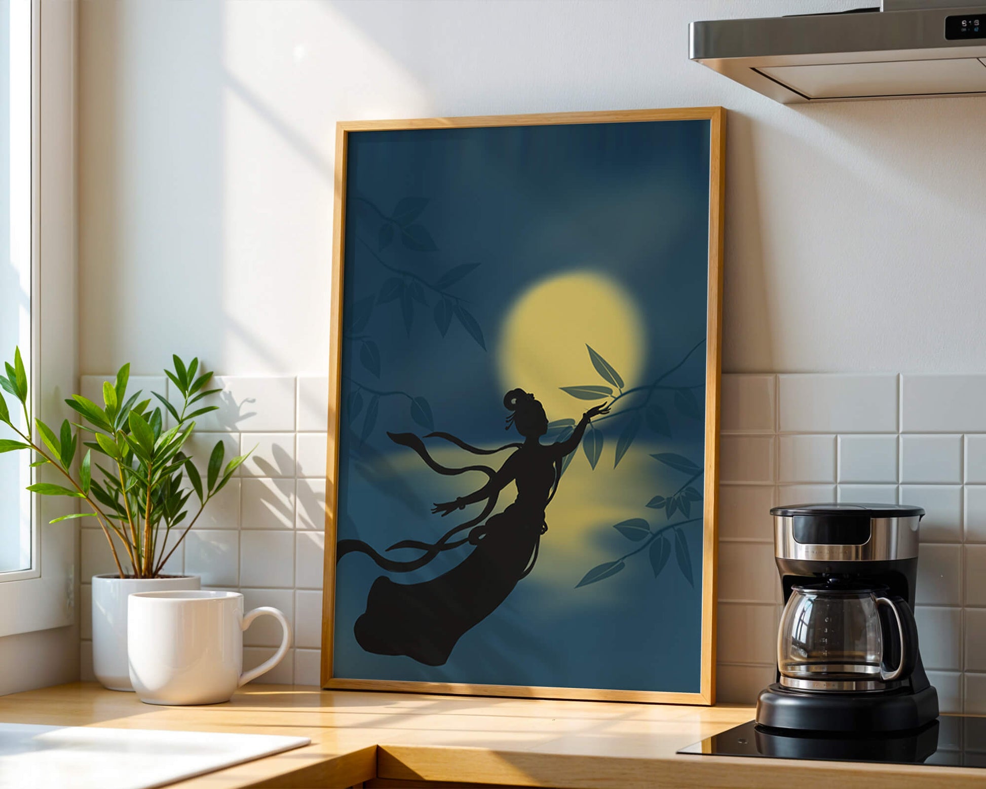 Silhouette of a Woman Reaching for Leaves in Front of a Full Moon