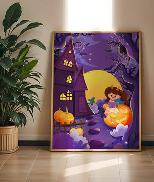 Charming Halloween scene with a girl on a pumpkin near a haunted house