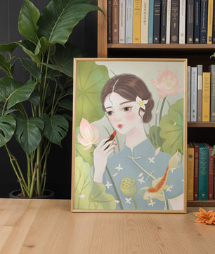 Elegant Woman in Traditional Dress with Lotus and Koi Fish - Mi tienda