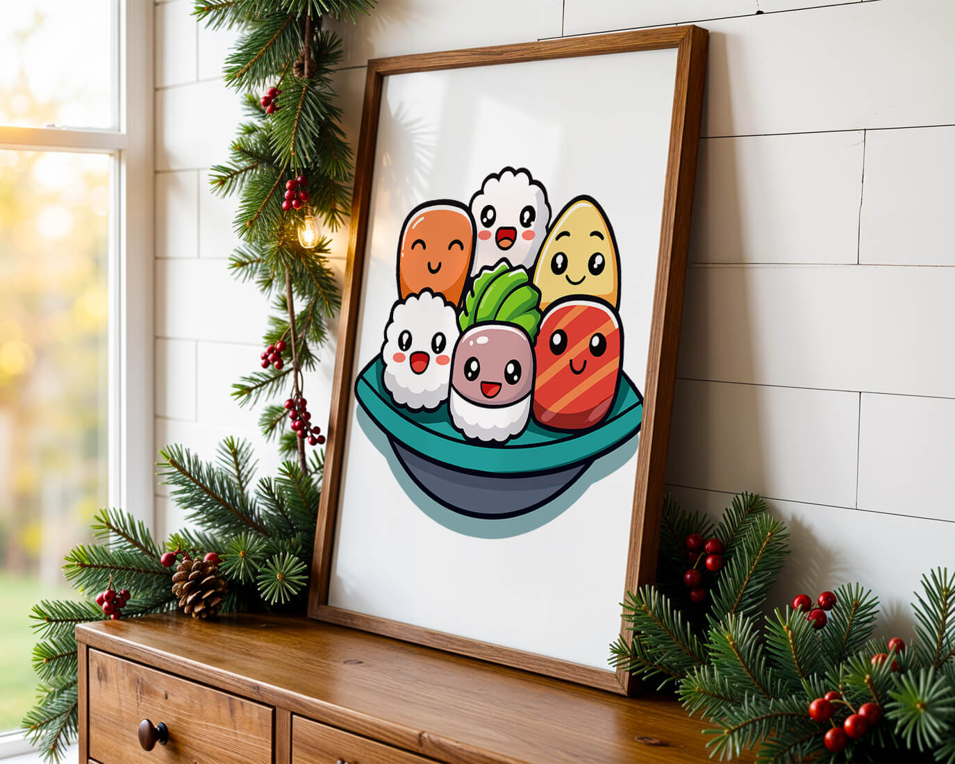 Adorable cartoon sushi characters in a bowl illustration