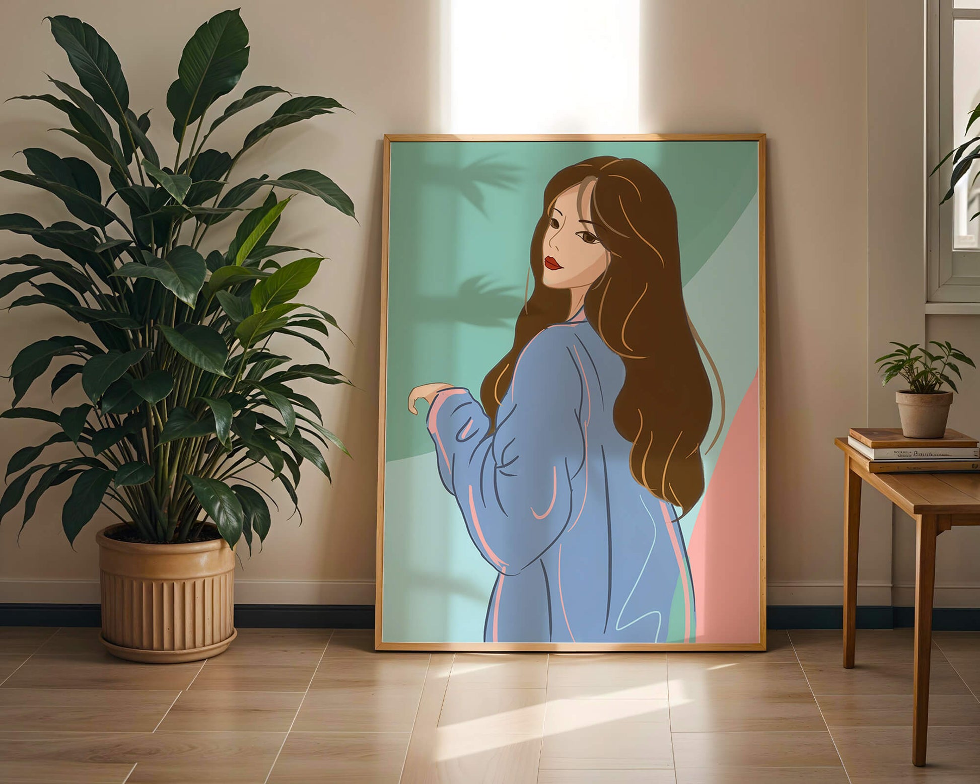 Stylish woman illustration with long hair in pastel shades