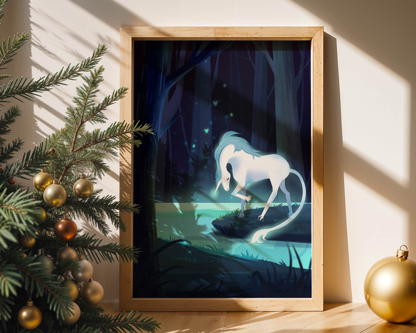 Enchanting night scene with a unicorn by a forest stream