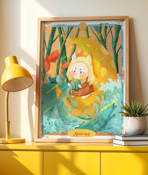 Aquarius zodiac illustration with whimsical character and vibrant colors