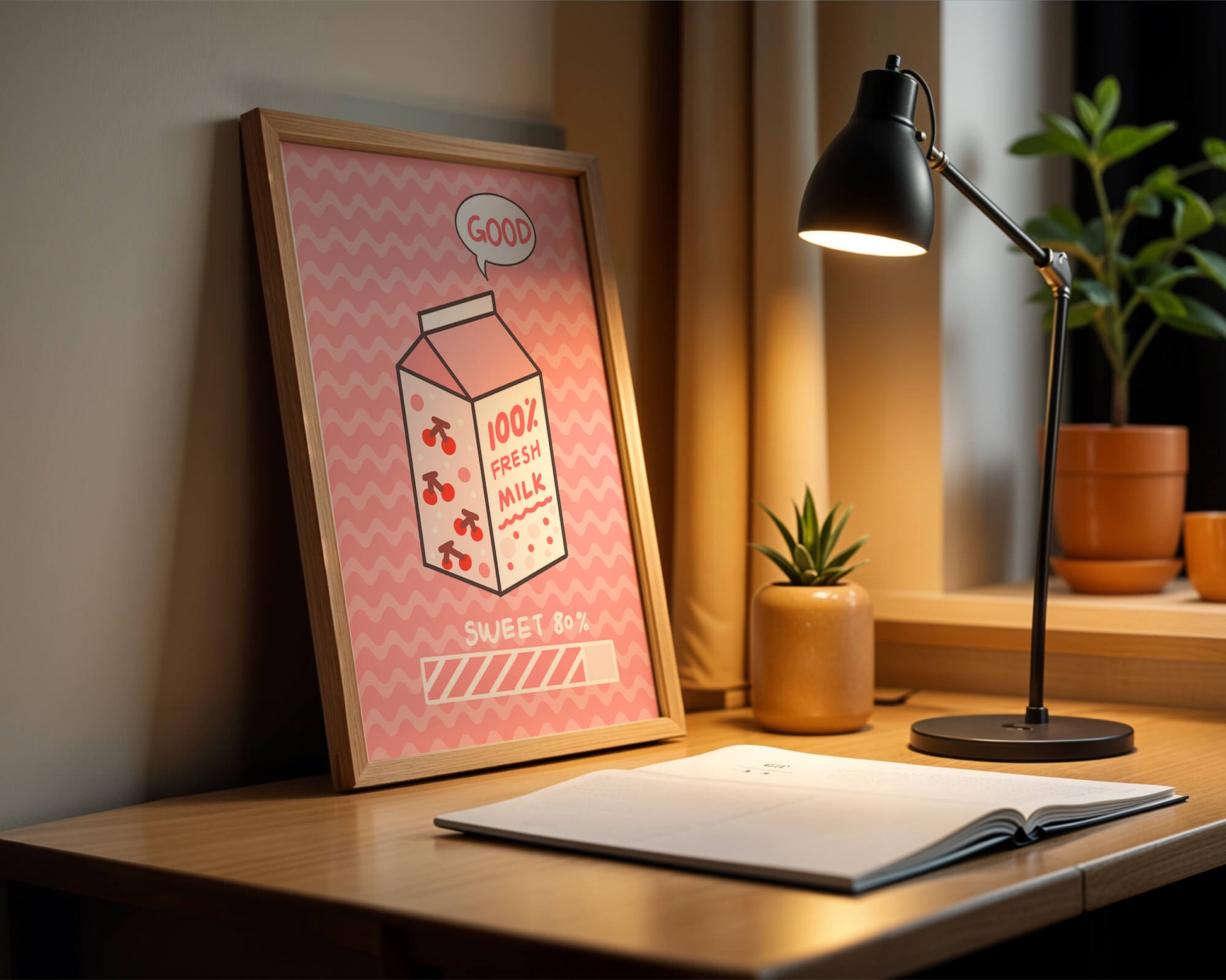 Playful illustration of milk carton with cherry design on pink background