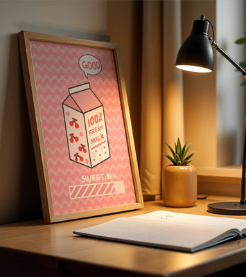 Playful illustration of milk carton with cherry design on pink background