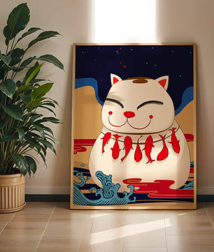 Japanese Lucky Cat with Fish Design in a Surreal Landscape